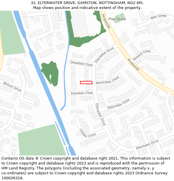 32, ELTERWATER DRIVE, GAMSTON, NOTTINGHAM, NG2 6PL: Location map and indicative extent of plot