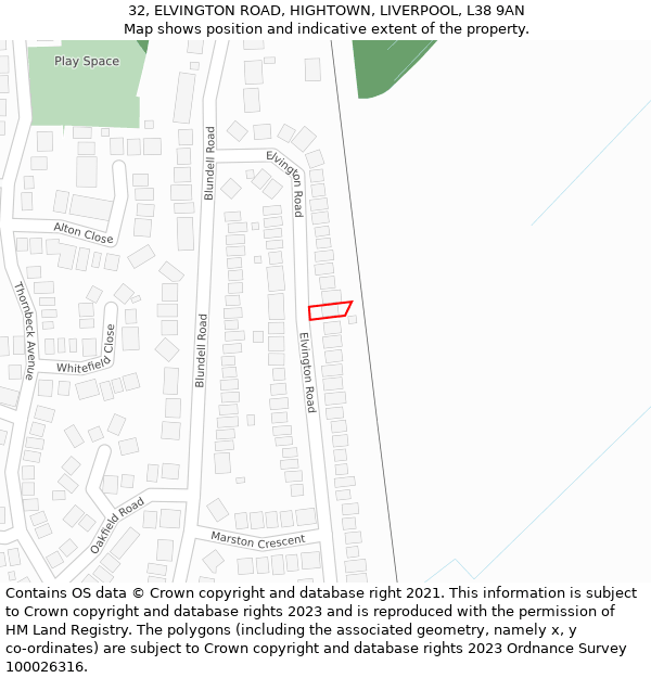 32, ELVINGTON ROAD, HIGHTOWN, LIVERPOOL, L38 9AN: Location map and indicative extent of plot