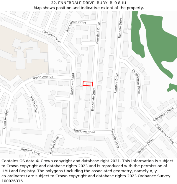32, ENNERDALE DRIVE, BURY, BL9 8HU: Location map and indicative extent of plot