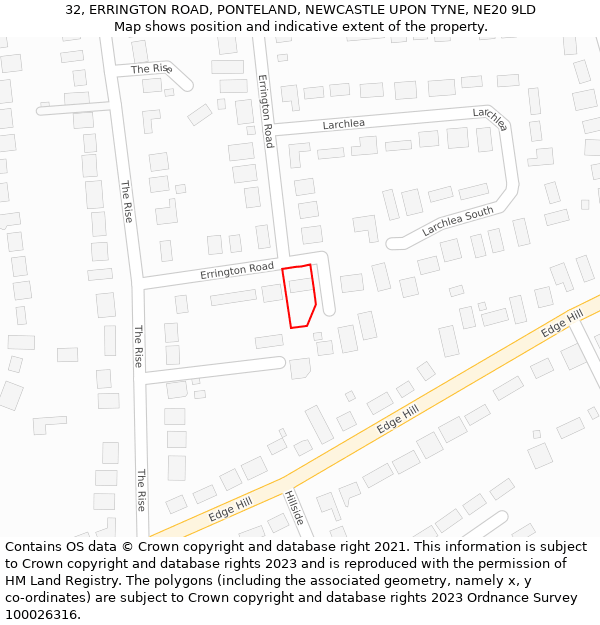 32, ERRINGTON ROAD, PONTELAND, NEWCASTLE UPON TYNE, NE20 9LD: Location map and indicative extent of plot