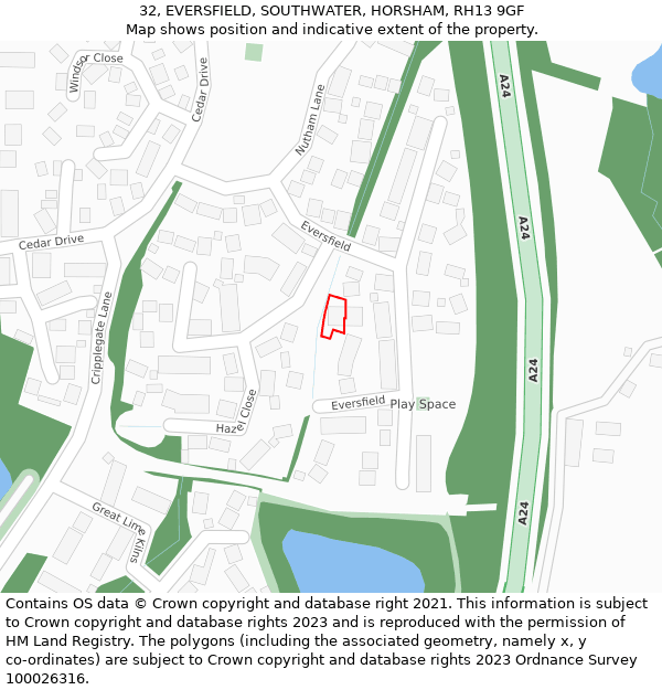 32, EVERSFIELD, SOUTHWATER, HORSHAM, RH13 9GF: Location map and indicative extent of plot