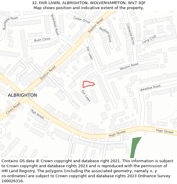 32, FAIR LAWN, ALBRIGHTON, WOLVERHAMPTON, WV7 3QF: Location map and indicative extent of plot