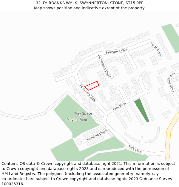 32, FAIRBANKS WALK, SWYNNERTON, STONE, ST15 0PF: Location map and indicative extent of plot