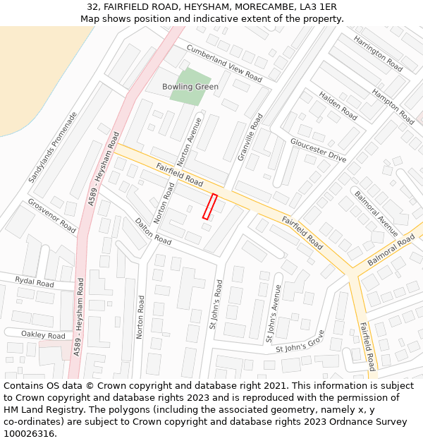 32, FAIRFIELD ROAD, HEYSHAM, MORECAMBE, LA3 1ER: Location map and indicative extent of plot