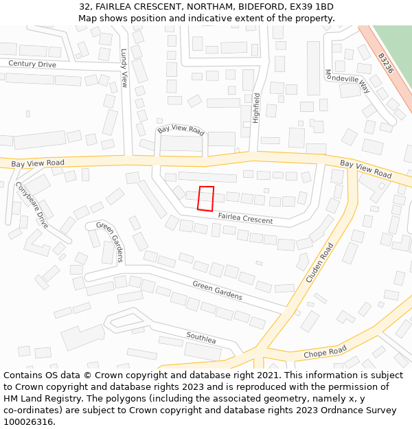 32, FAIRLEA CRESCENT, NORTHAM, BIDEFORD, EX39 1BD: Location map and indicative extent of plot