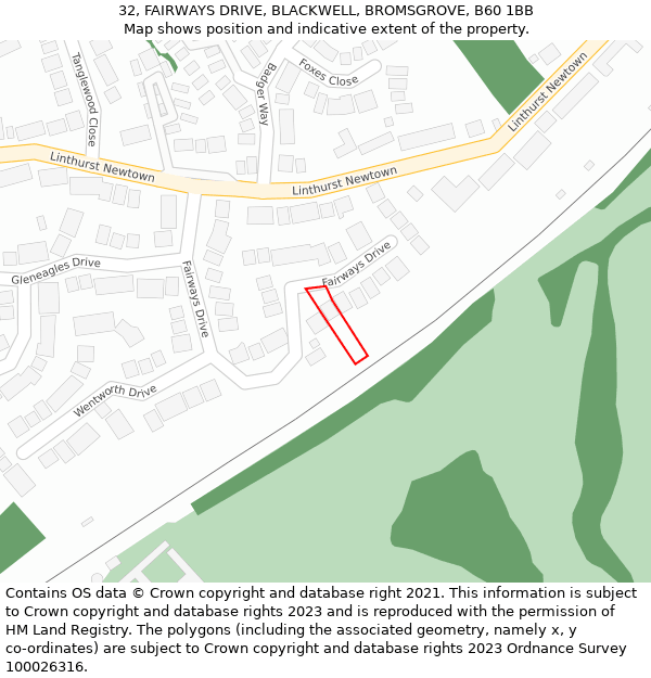 32, FAIRWAYS DRIVE, BLACKWELL, BROMSGROVE, B60 1BB: Location map and indicative extent of plot