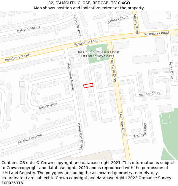 32, FALMOUTH CLOSE, REDCAR, TS10 4GQ: Location map and indicative extent of plot