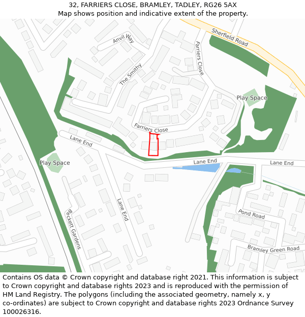 32, FARRIERS CLOSE, BRAMLEY, TADLEY, RG26 5AX: Location map and indicative extent of plot