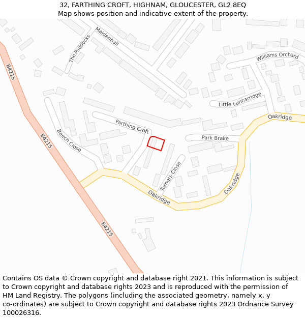 32, FARTHING CROFT, HIGHNAM, GLOUCESTER, GL2 8EQ: Location map and indicative extent of plot