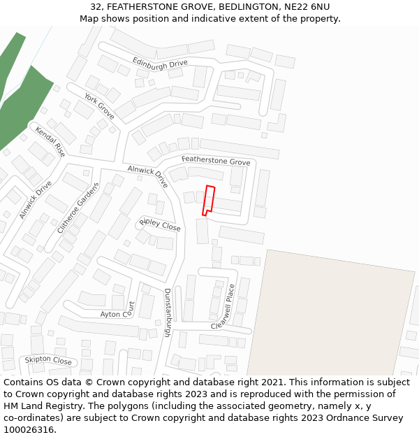 32, FEATHERSTONE GROVE, BEDLINGTON, NE22 6NU: Location map and indicative extent of plot