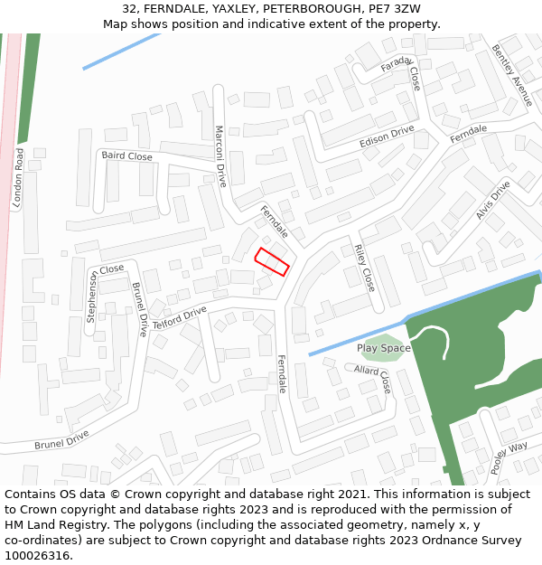 32, FERNDALE, YAXLEY, PETERBOROUGH, PE7 3ZW: Location map and indicative extent of plot