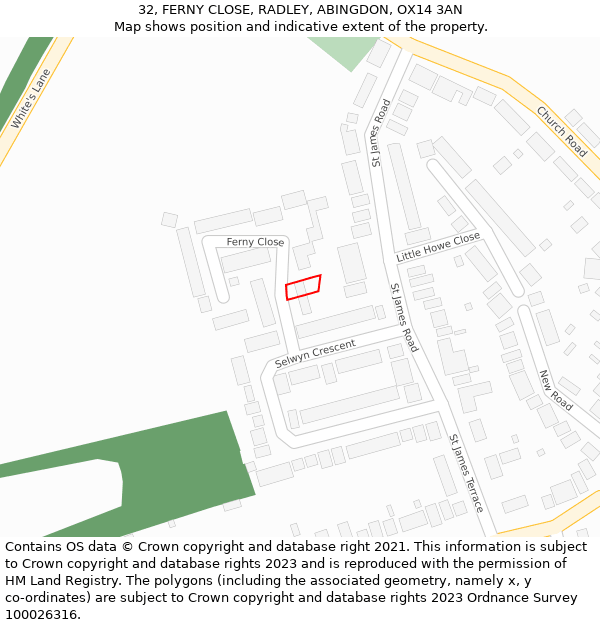 32, FERNY CLOSE, RADLEY, ABINGDON, OX14 3AN: Location map and indicative extent of plot