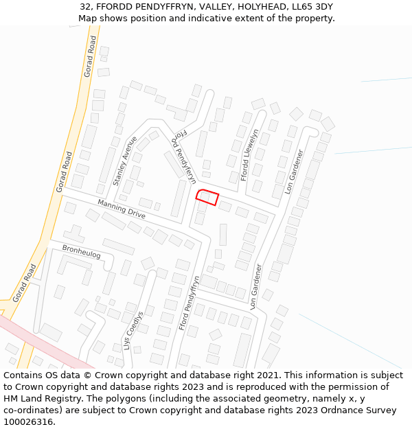 32, FFORDD PENDYFFRYN, VALLEY, HOLYHEAD, LL65 3DY: Location map and indicative extent of plot