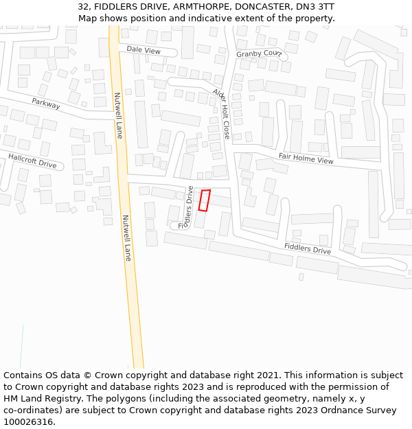 32, FIDDLERS DRIVE, ARMTHORPE, DONCASTER, DN3 3TT: Location map and indicative extent of plot