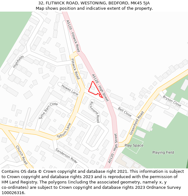 32, FLITWICK ROAD, WESTONING, BEDFORD, MK45 5JA: Location map and indicative extent of plot