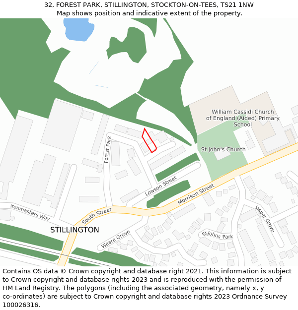 32, FOREST PARK, STILLINGTON, STOCKTON-ON-TEES, TS21 1NW: Location map and indicative extent of plot