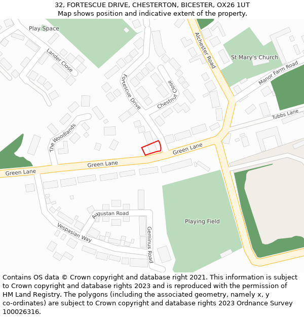 32, FORTESCUE DRIVE, CHESTERTON, BICESTER, OX26 1UT: Location map and indicative extent of plot