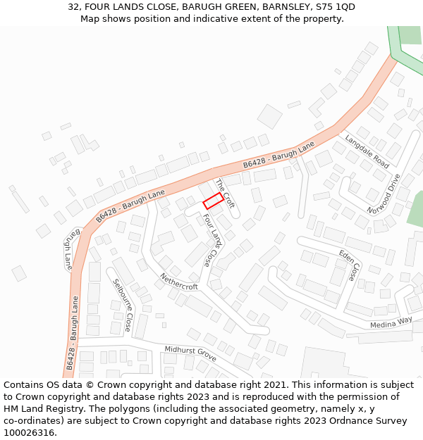 32, FOUR LANDS CLOSE, BARUGH GREEN, BARNSLEY, S75 1QD: Location map and indicative extent of plot