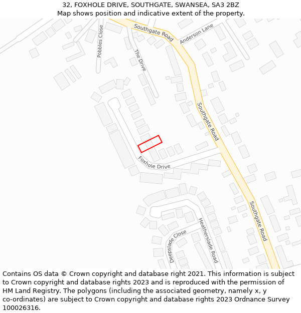 32, FOXHOLE DRIVE, SOUTHGATE, SWANSEA, SA3 2BZ: Location map and indicative extent of plot