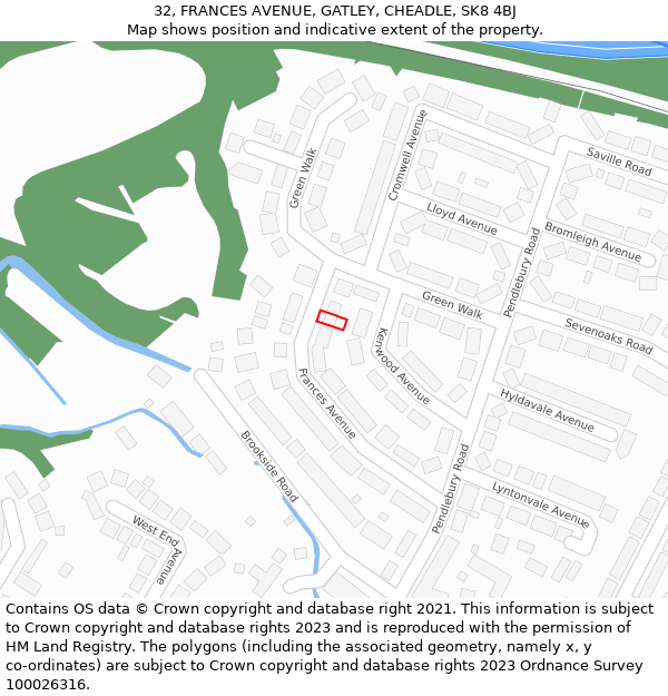 32, FRANCES AVENUE, GATLEY, CHEADLE, SK8 4BJ: Location map and indicative extent of plot