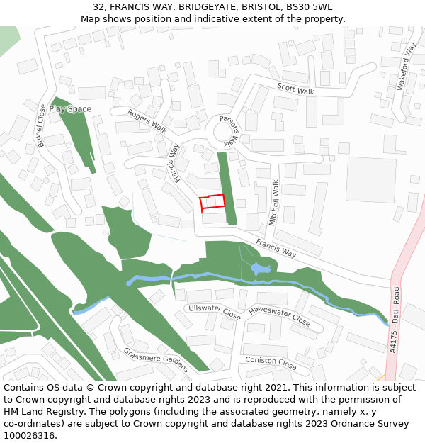 32, FRANCIS WAY, BRIDGEYATE, BRISTOL, BS30 5WL: Location map and indicative extent of plot