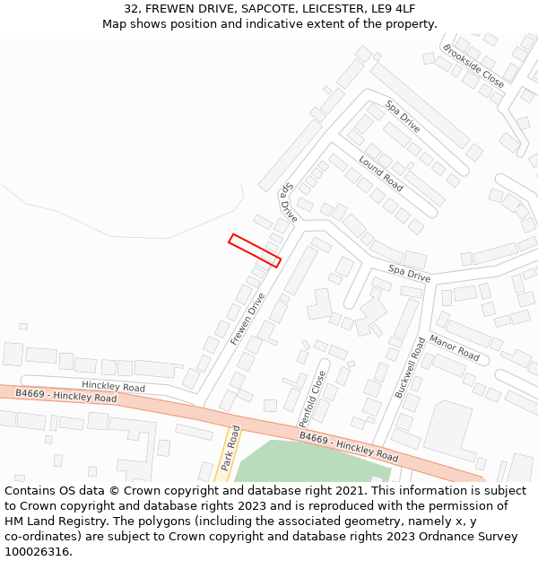 32, FREWEN DRIVE, SAPCOTE, LEICESTER, LE9 4LF: Location map and indicative extent of plot