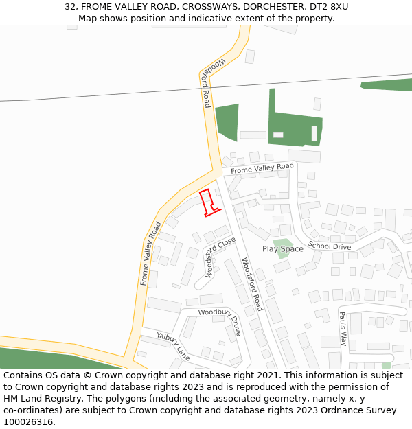 32, FROME VALLEY ROAD, CROSSWAYS, DORCHESTER, DT2 8XU: Location map and indicative extent of plot
