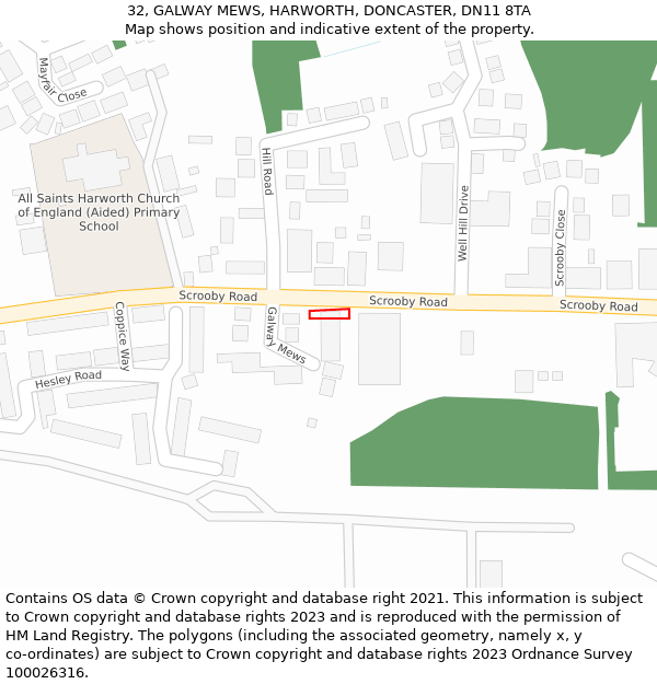 32, GALWAY MEWS, HARWORTH, DONCASTER, DN11 8TA: Location map and indicative extent of plot