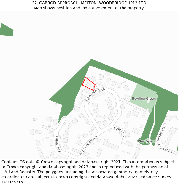 32, GARROD APPROACH, MELTON, WOODBRIDGE, IP12 1TD: Location map and indicative extent of plot