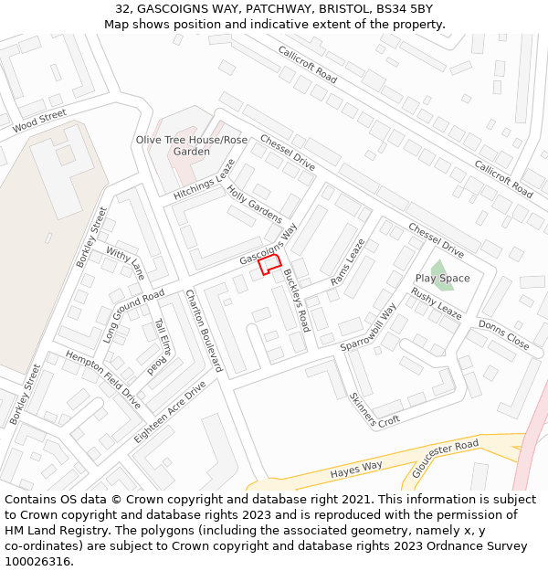 32, GASCOIGNS WAY, PATCHWAY, BRISTOL, BS34 5BY: Location map and indicative extent of plot