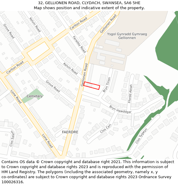 32, GELLIONEN ROAD, CLYDACH, SWANSEA, SA6 5HE: Location map and indicative extent of plot