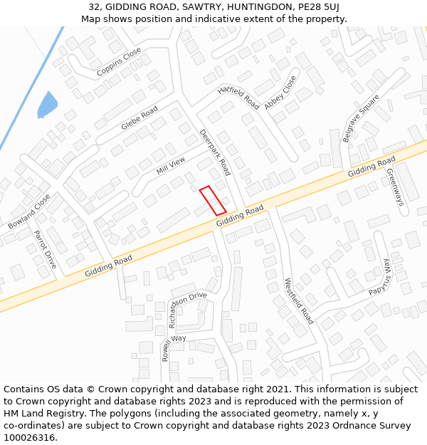 32, GIDDING ROAD, SAWTRY, HUNTINGDON, PE28 5UJ: Location map and indicative extent of plot