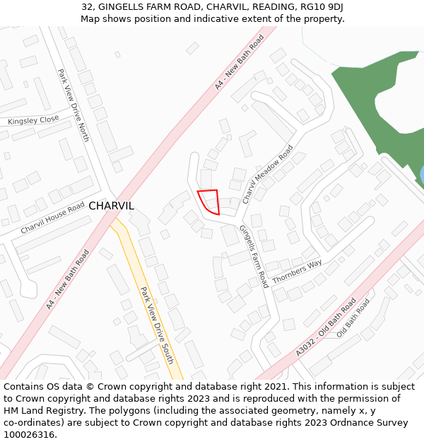 32, GINGELLS FARM ROAD, CHARVIL, READING, RG10 9DJ: Location map and indicative extent of plot
