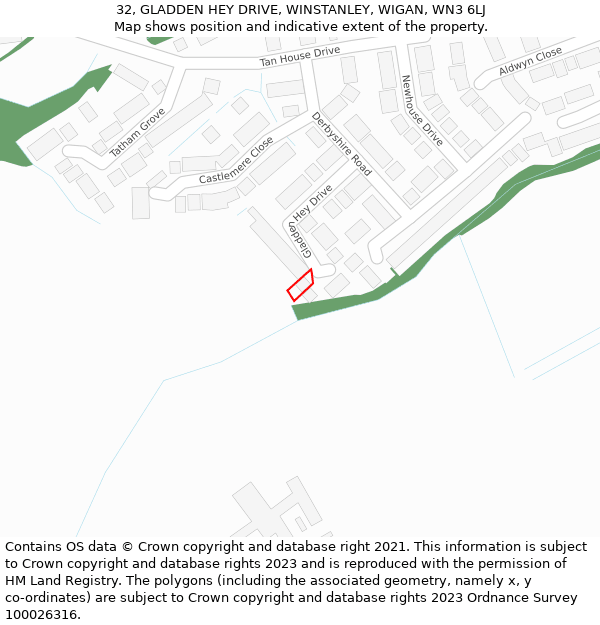 32, GLADDEN HEY DRIVE, WINSTANLEY, WIGAN, WN3 6LJ: Location map and indicative extent of plot