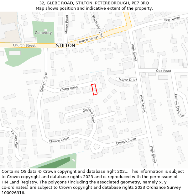 32, GLEBE ROAD, STILTON, PETERBOROUGH, PE7 3RQ: Location map and indicative extent of plot
