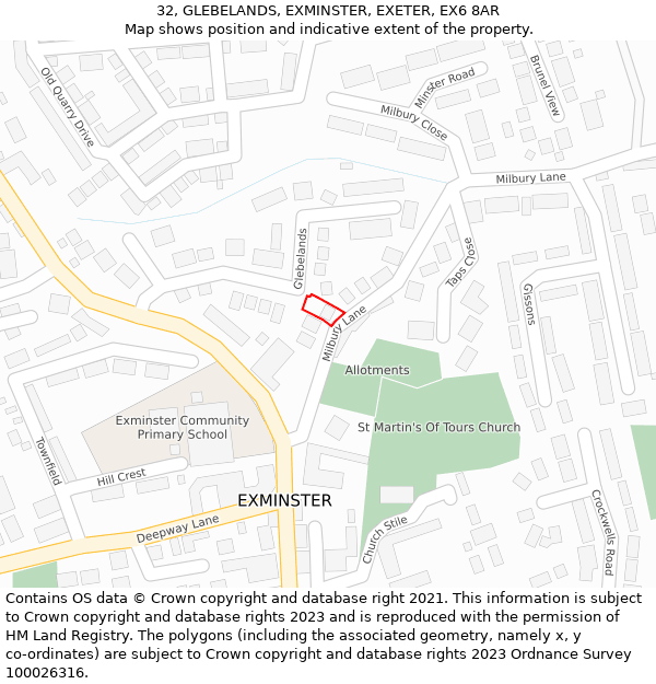 32, GLEBELANDS, EXMINSTER, EXETER, EX6 8AR: Location map and indicative extent of plot