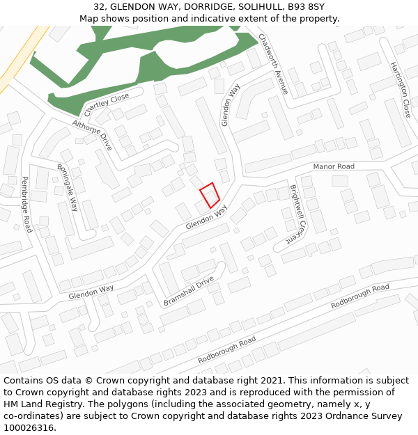 32, GLENDON WAY, DORRIDGE, SOLIHULL, B93 8SY: Location map and indicative extent of plot