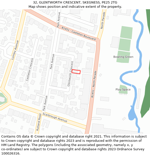 32, GLENTWORTH CRESCENT, SKEGNESS, PE25 2TG: Location map and indicative extent of plot