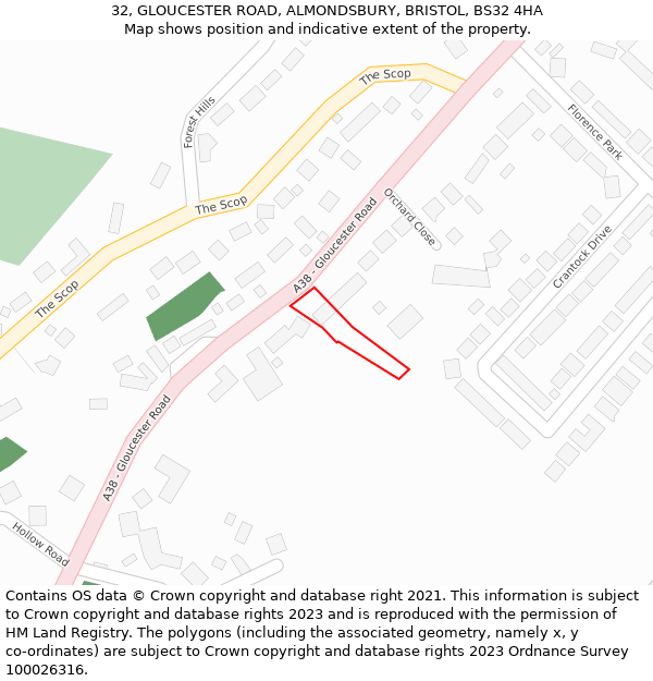 32, GLOUCESTER ROAD, ALMONDSBURY, BRISTOL, BS32 4HA: Location map and indicative extent of plot