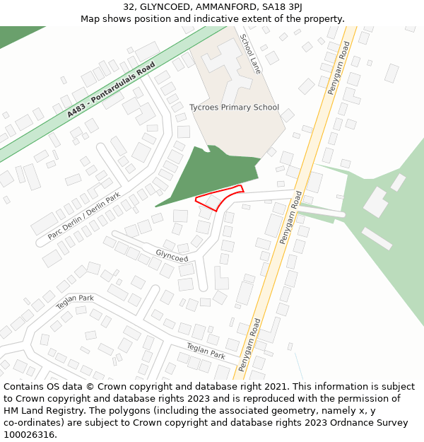 32, GLYNCOED, AMMANFORD, SA18 3PJ: Location map and indicative extent of plot