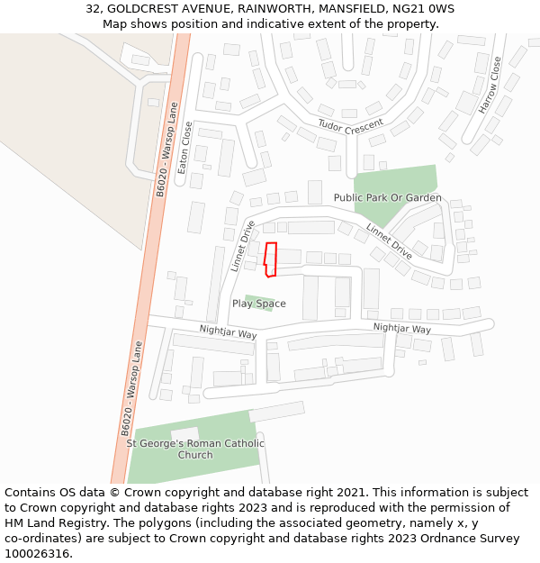 32, GOLDCREST AVENUE, RAINWORTH, MANSFIELD, NG21 0WS: Location map and indicative extent of plot