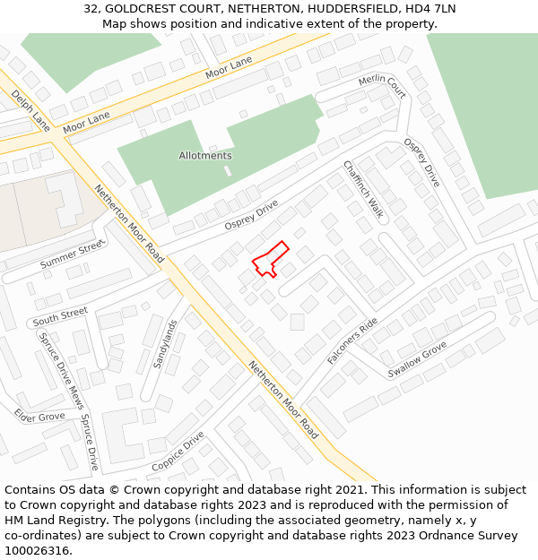 32, GOLDCREST COURT, NETHERTON, HUDDERSFIELD, HD4 7LN: Location map and indicative extent of plot