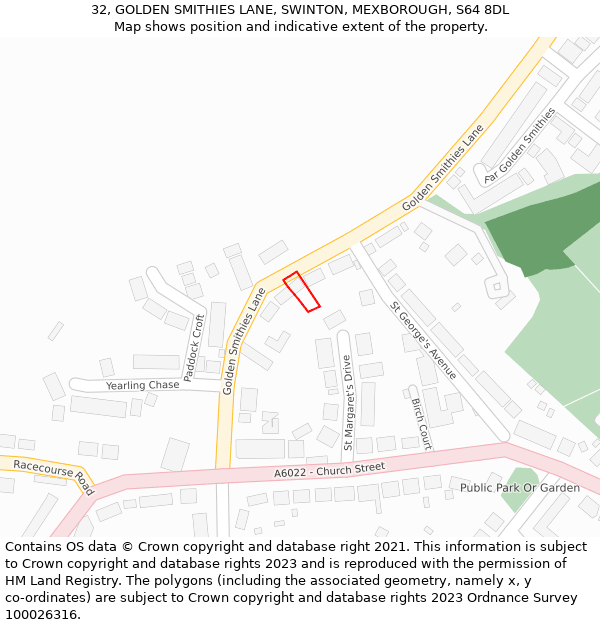 32, GOLDEN SMITHIES LANE, SWINTON, MEXBOROUGH, S64 8DL: Location map and indicative extent of plot