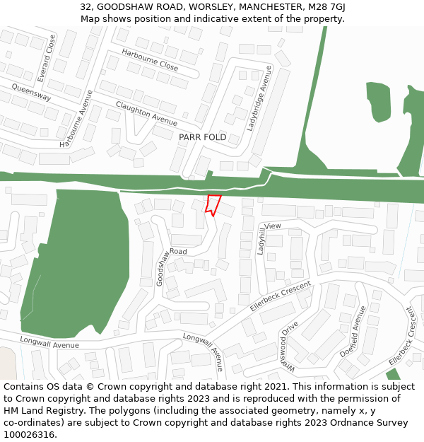 32, GOODSHAW ROAD, WORSLEY, MANCHESTER, M28 7GJ: Location map and indicative extent of plot