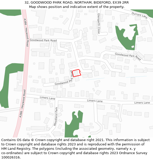 32, GOODWOOD PARK ROAD, NORTHAM, BIDEFORD, EX39 2RR: Location map and indicative extent of plot