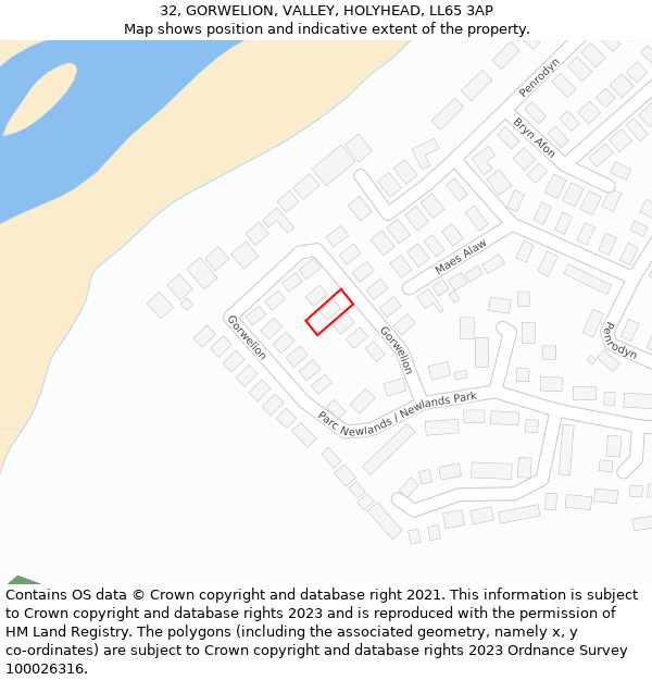 32, GORWELION, VALLEY, HOLYHEAD, LL65 3AP: Location map and indicative extent of plot