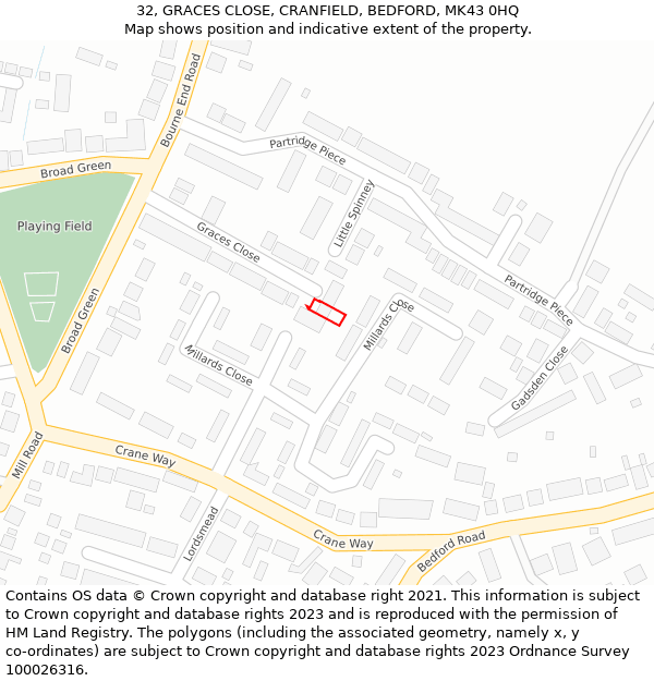 32, GRACES CLOSE, CRANFIELD, BEDFORD, MK43 0HQ: Location map and indicative extent of plot