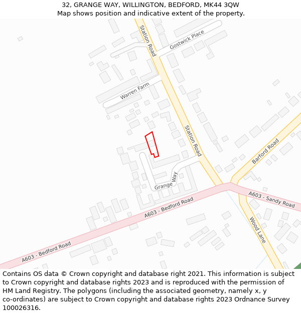 32, GRANGE WAY, WILLINGTON, BEDFORD, MK44 3QW: Location map and indicative extent of plot