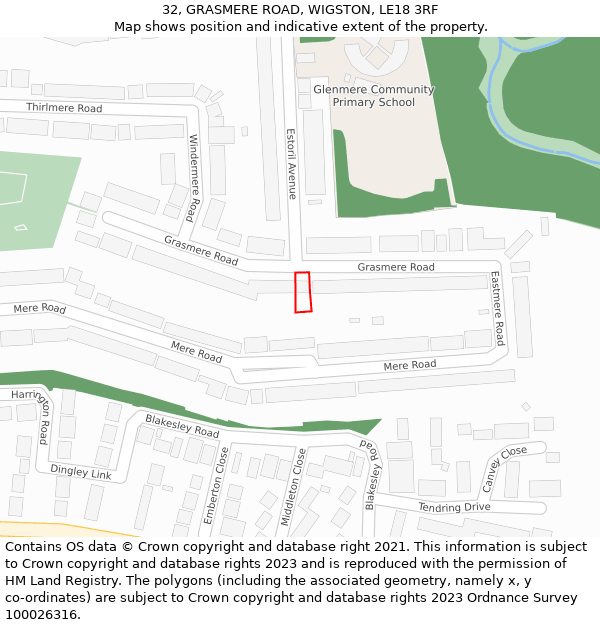 32, GRASMERE ROAD, WIGSTON, LE18 3RF: Location map and indicative extent of plot