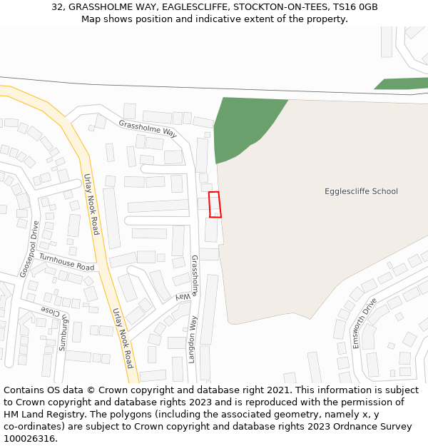 32, GRASSHOLME WAY, EAGLESCLIFFE, STOCKTON-ON-TEES, TS16 0GB: Location map and indicative extent of plot